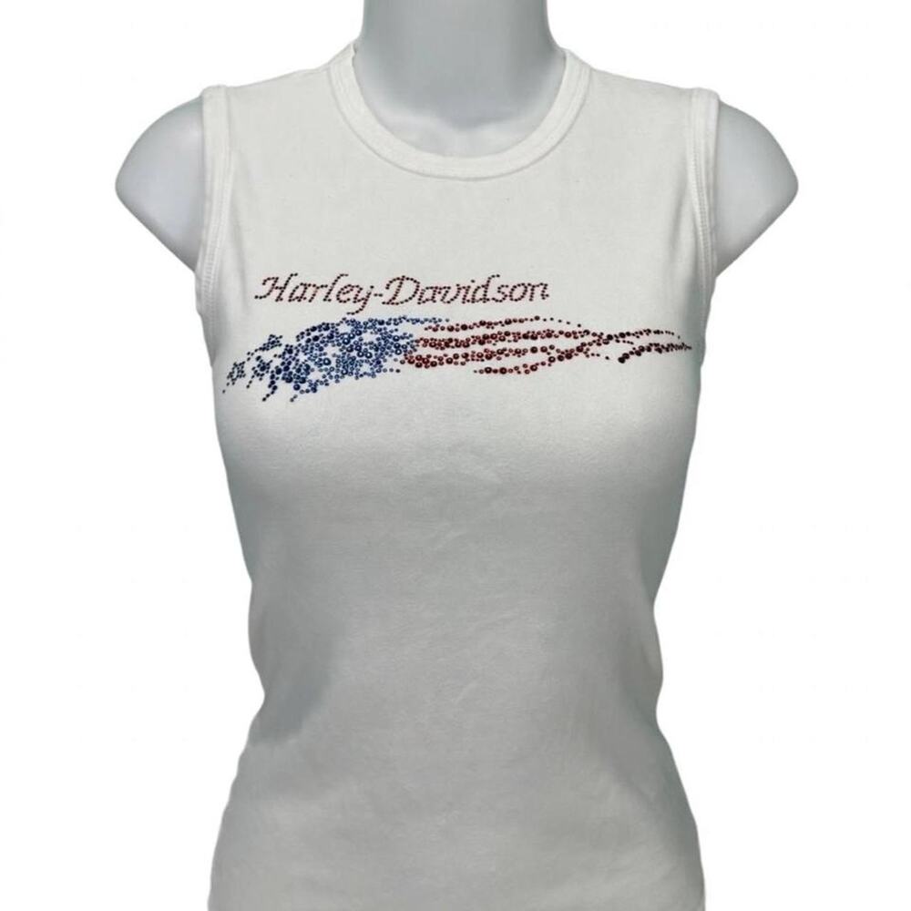Harley Davidson Tank Top Womens M White Rhinestone Flag American Savannah GA